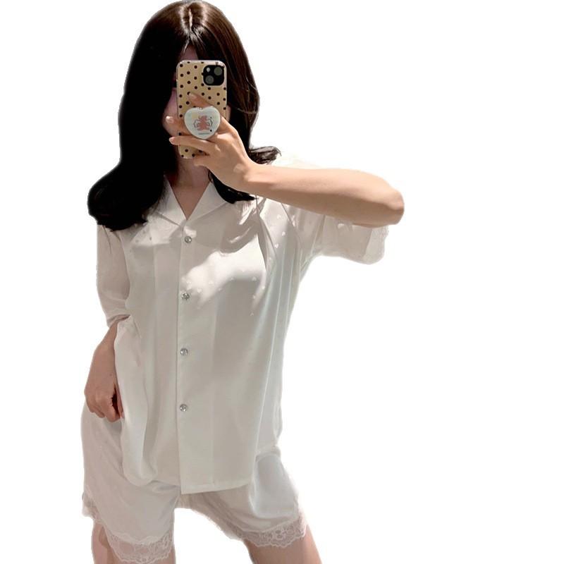 Ice silk pajamas pajamas women's high-end 11 back lace lace spring and summer short-sleeved loungewear