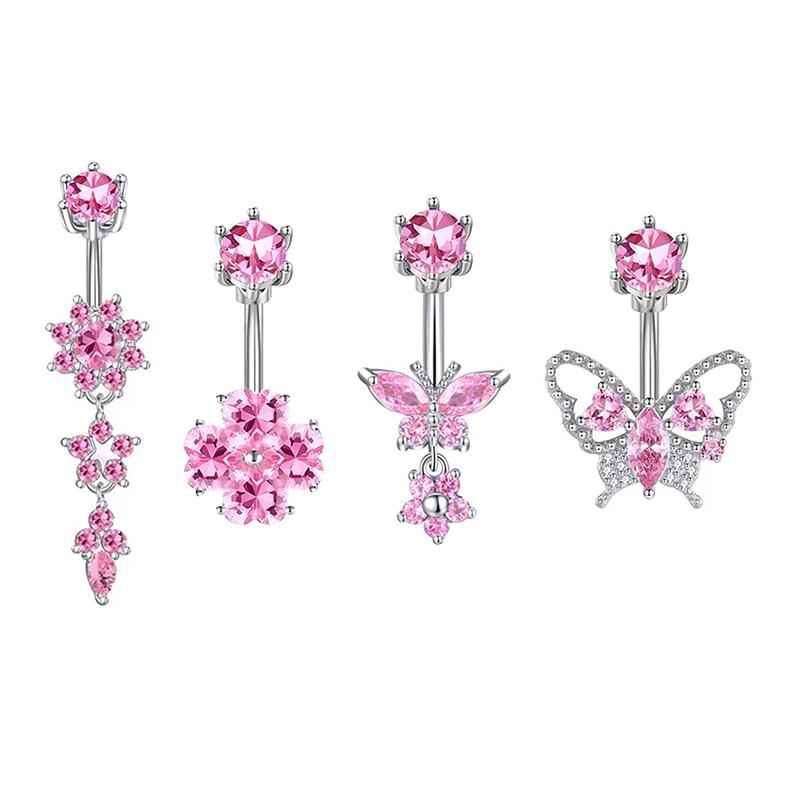 Fashion Pink Heart Butterfly Belly Button Ring For Women Girls Cute Stainless Steel Zircon Navel Ring Body Piercing Jewelry Gift