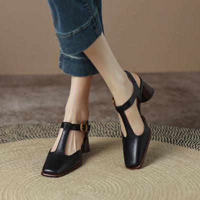 Summer Women Shoes Square Toe Chunky Heel Women Sandals Women Mary Janes Sheepskin Shoes High Heels Concise Shoes For Women