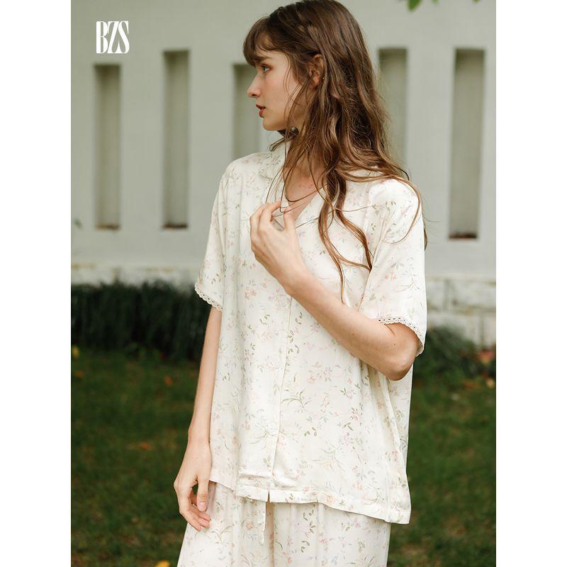 2024 Outer Wear Pajamas Women Summer Thin Short sleeve Top Trousers Satin Bourette Floral Homewear Two-piece Set