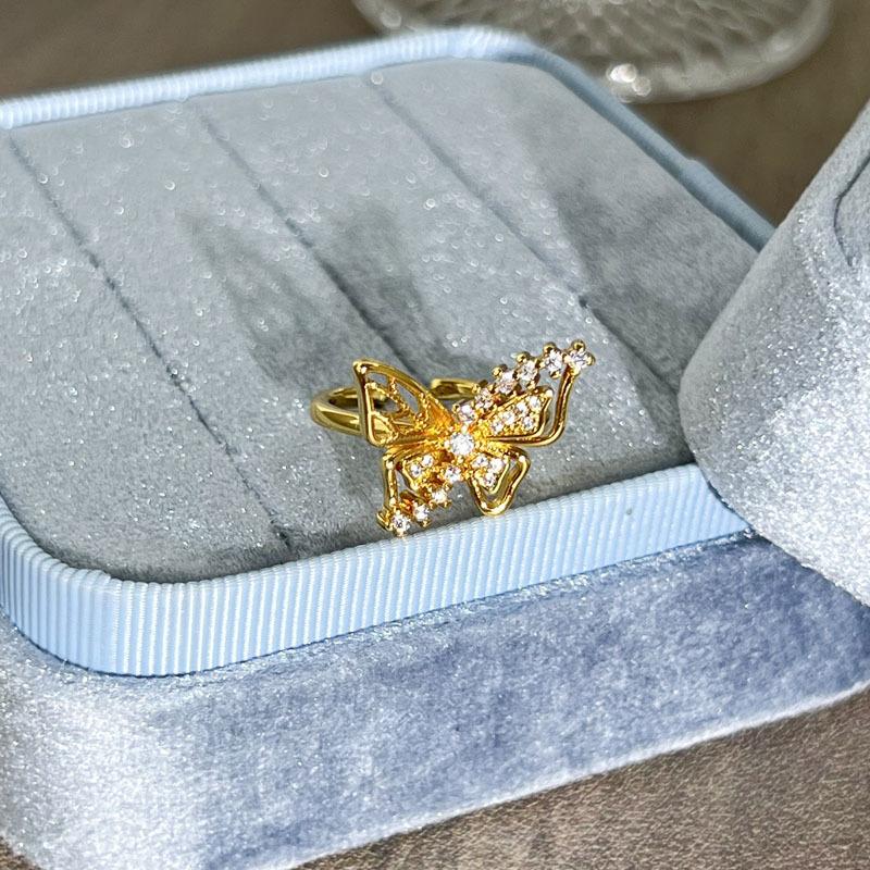 2026 Old Money Wind Exquisite Micro-inlaid Zircon Butterfly Flower Opening Ring Women's Light Luxury Geometric Stacking Wearing Versatile Niche Ring