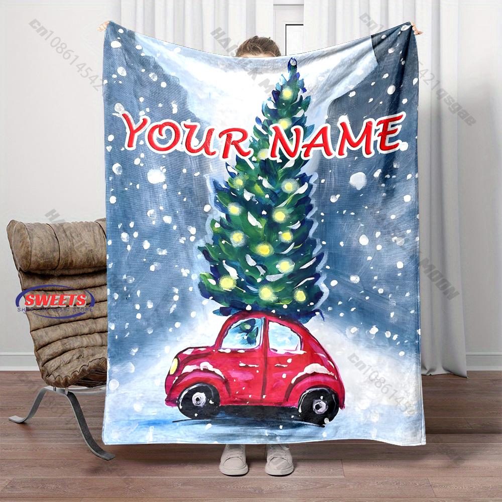 Custom Name Red Car Christmas Tree Blanket, Christmas Flannel Throw Blanket, Holiday Gift For Family