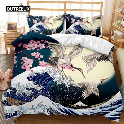 National Trend Duvet Cover Set Cherry Blossoms Crane Printed Bedding Set Sea Waves Down Traditional Retro Polyester Quilt Cover