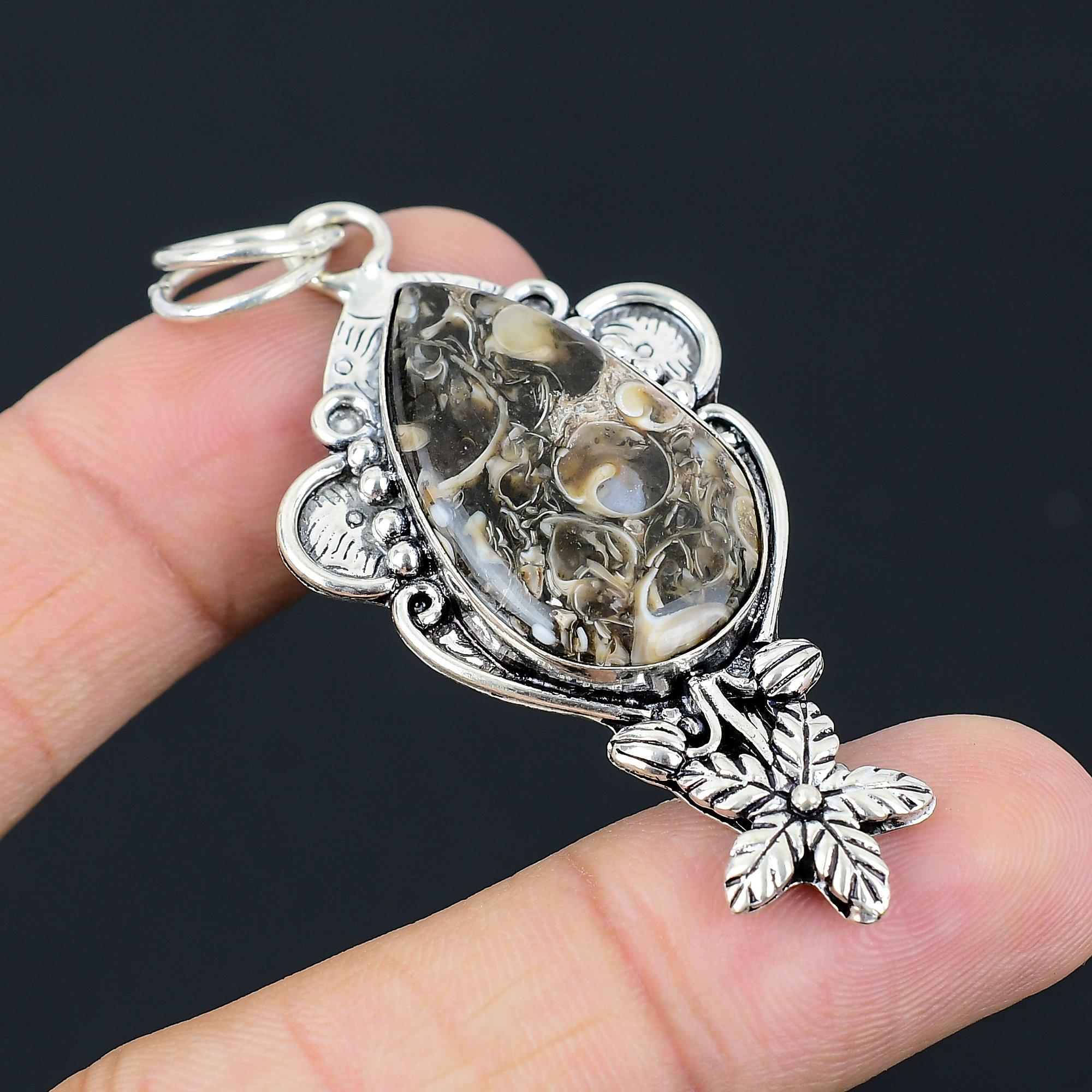 925 Sterling Silver Turritella Agate Gemstone Elegant Flower New Pendant Jewelry