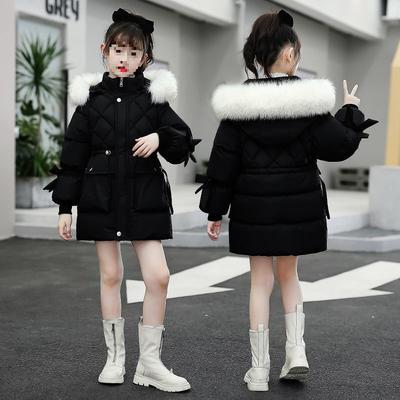 Children's Cotton Jacket, Medium To Long, Thick Down Cotton Jacket, Girls' Padded Waist Cotton Jacket with Added Velvet