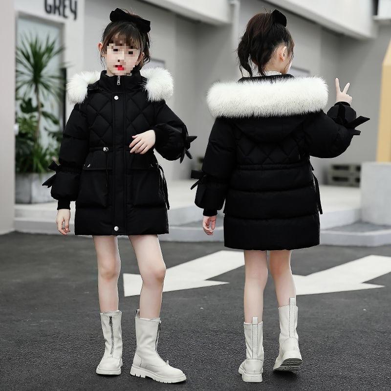 Children's Cotton Jacket, Medium To Long, Thick Down Cotton Jacket, Girls' Padded Waist Cotton Jacket with Added Velvet