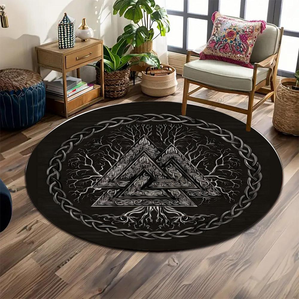 Viking Valknut Symbol with Tree Design Print round rug, living room, bedroom, playroom carpet, non slip floor mat, gift