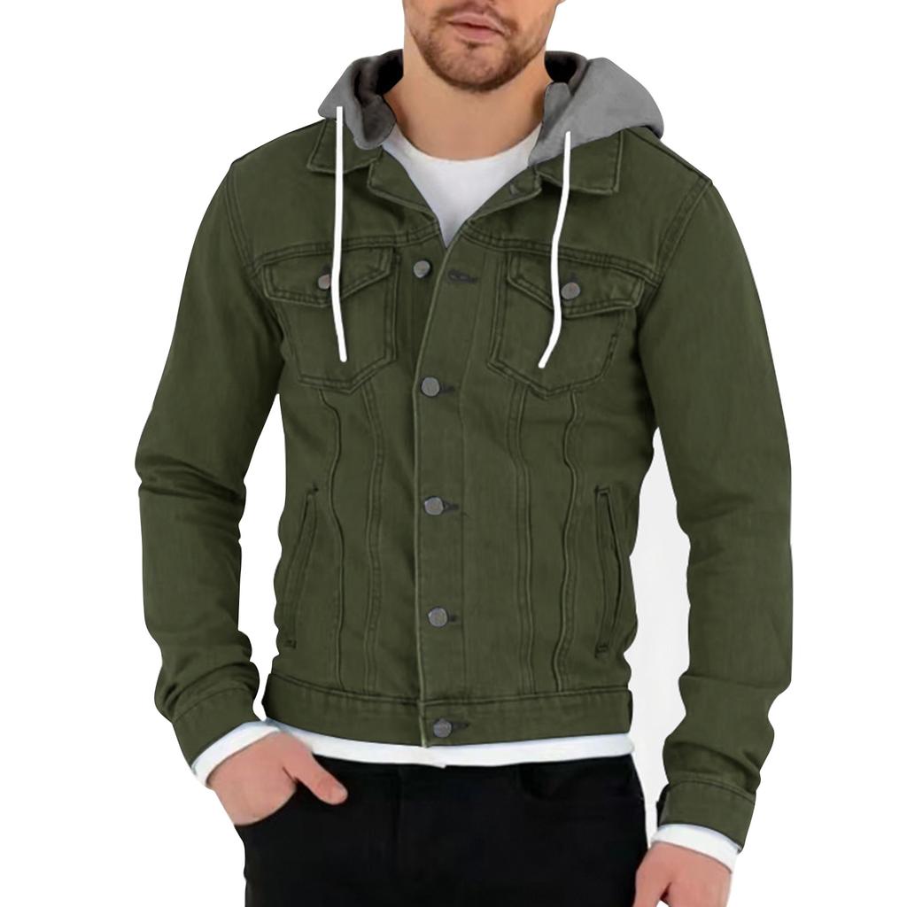 Men's Solid Color Outdoor Workwear Casual Loose Long-Sleeved Hooded Denim Jacket