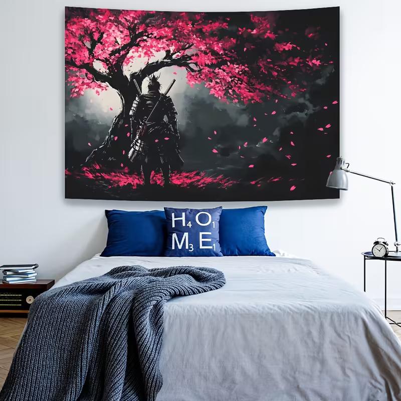 2D Japanese Warrior Tapestry Wall Art with Cherry Blossom Tree Scene