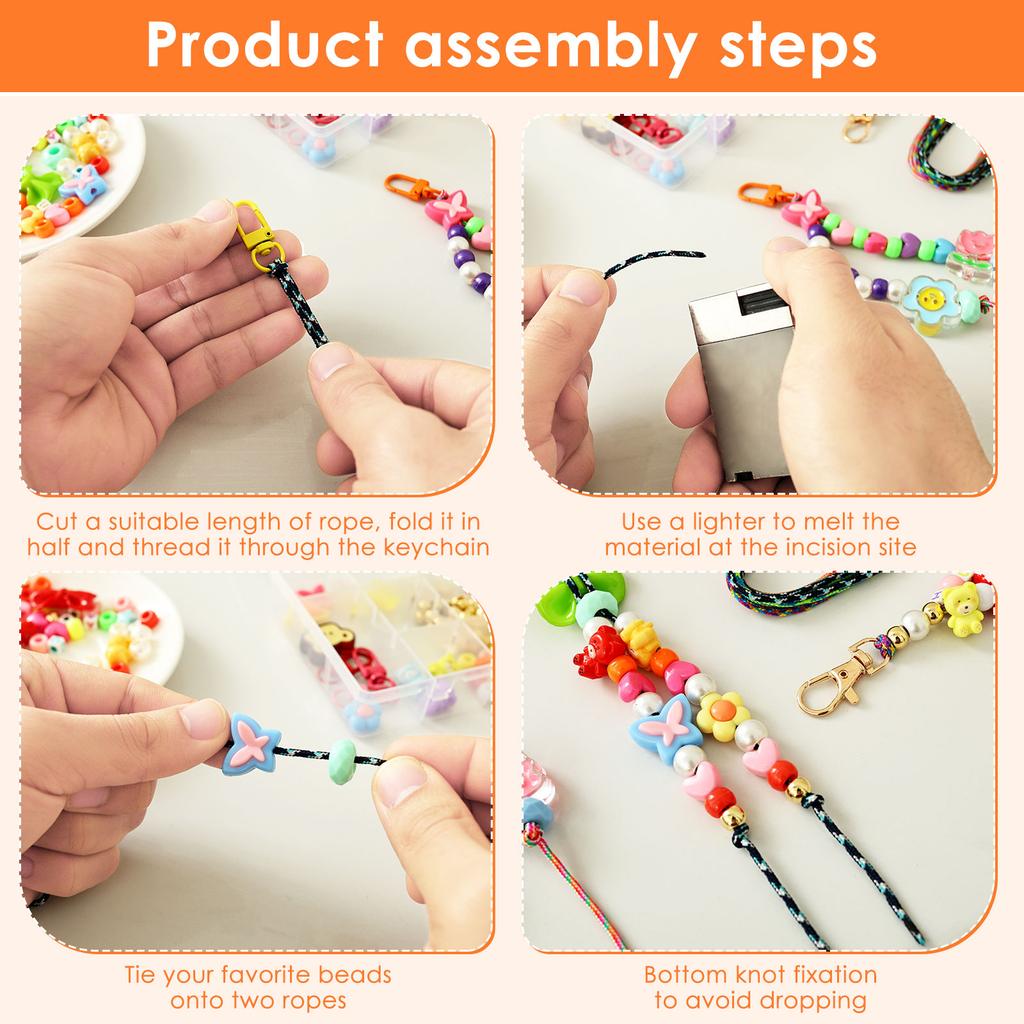 DIY Beaded Keychain Making Kit Acrylic Bow Bear Heart Star Letter Flower Cartoon Rhombus and Flat Beads Key Chain Charm Supplies