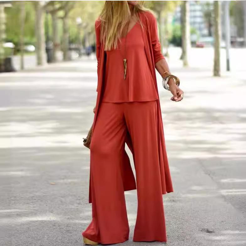 Dámsky každodenný dlhý kardigán a tielko, voľné nohavice, sada troch kusov