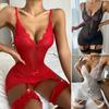 Bow Decor Deep V-neck Backless Pajamas Thong Set Crochet Lace See-through Ladies Sleepwear Briefs Set Ladies Clothing