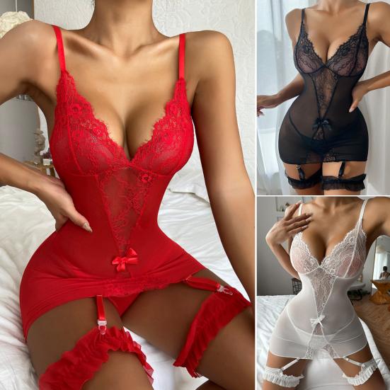 Bow Decor Deep V-neck Backless Pajamas Thong Set Crochet Lace See-through Ladies Sleepwear Briefs Set Ladies Clothing