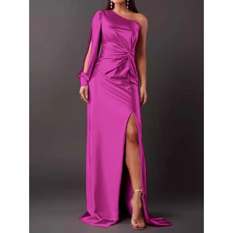 Summer New Women's Clothing Diagonal Collar Shoulder Sleeve Pleated Waist Split Sexy Dress