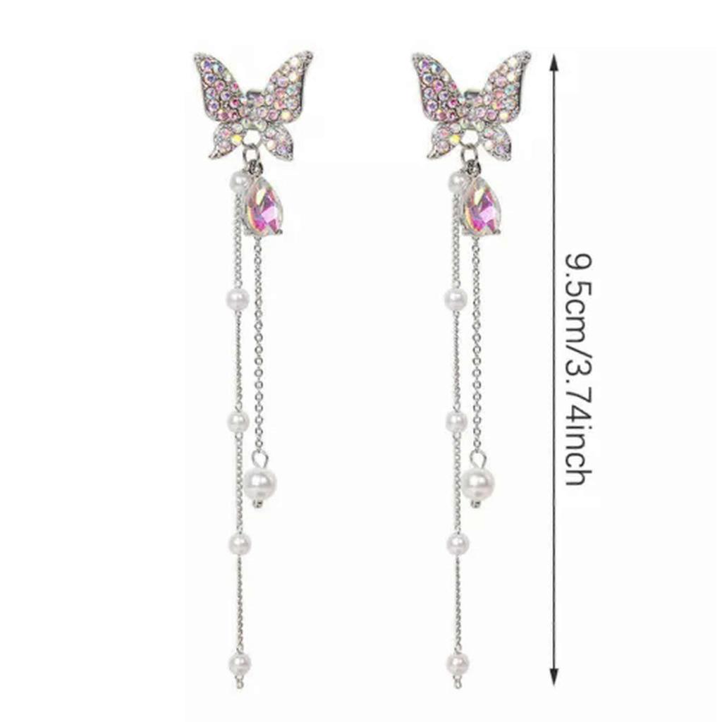 RSAMD Purple Crystal Butterfly Drop Earring for Women Pearl Tassel Chain RhinestoJO-A2