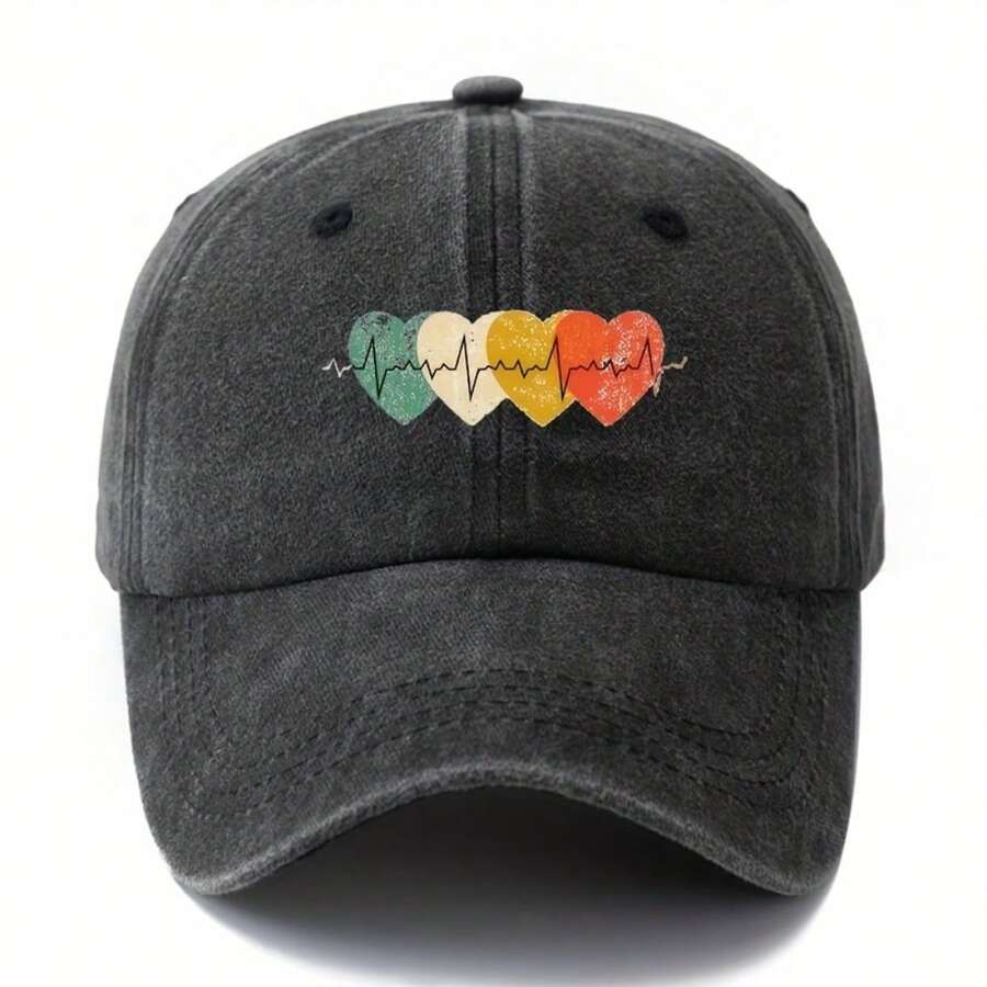 Unisex Vintage Washed Baseball Cap With Heart ECG Print Casual Lightweight Curved Brim Polyester