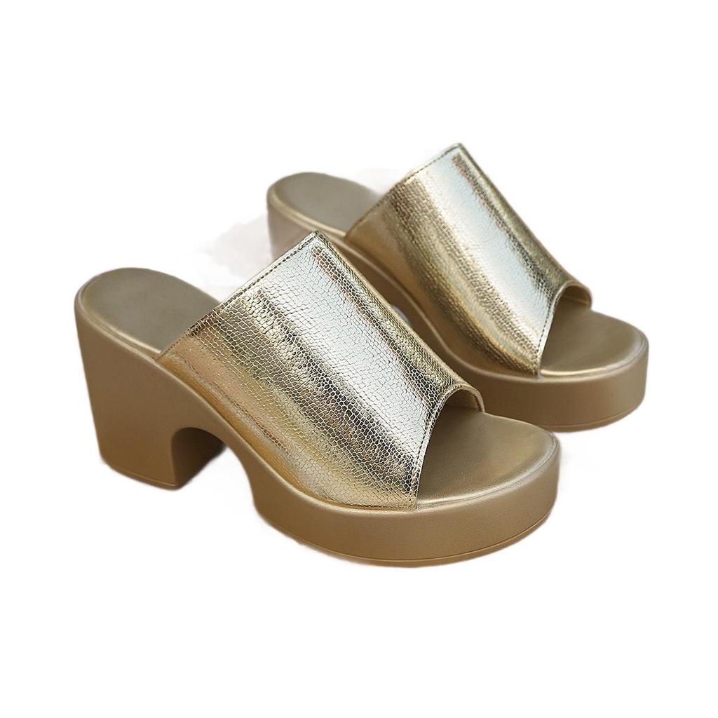 2026 Women's Gold Chunky Heel Summer Slippers: French-Style High Platform Sandals