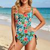 Swimsuit for Women Tropical Floral Print Bathing Suit with Adjustable Side Drawstring Scoop Neck Swimwear
