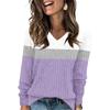 Women's Fashionable Oversized V-Neck T-Shirt With Striped Patchwork Print Long-Sleeved Pullover Top
