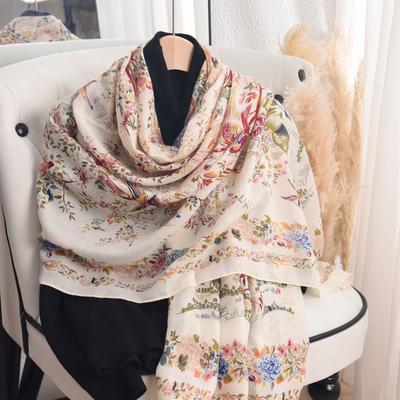 Thin Niche Imitation Cotton and Linen Pastoral Style Printed Silk Scarf Japanese and Korean Women's Fashion Temperament Shawl High-end Holiday Gift