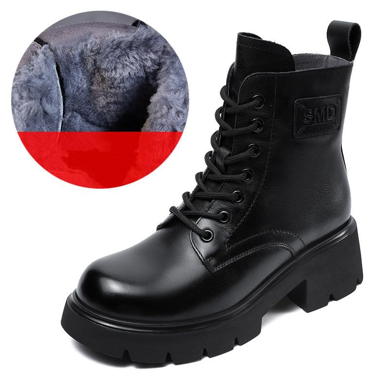 Johnature Genuine Leather Wool Short Boots Warm Snow Boots Thick Heel Thick Soled Women's Boots