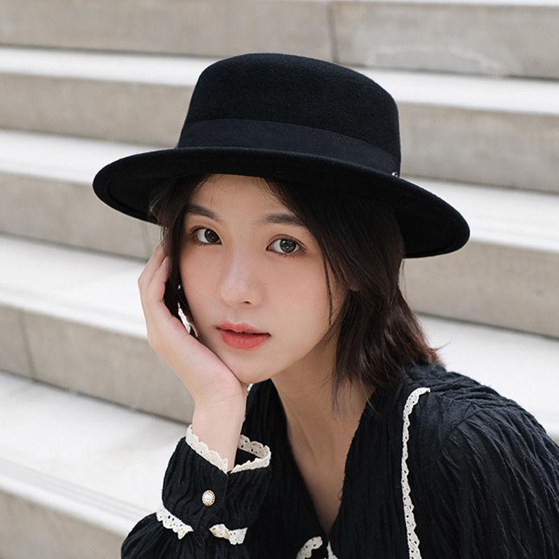 Autumn and winter versatile top hat woolen flat hat British flat hat retro jazz hat fashion hat