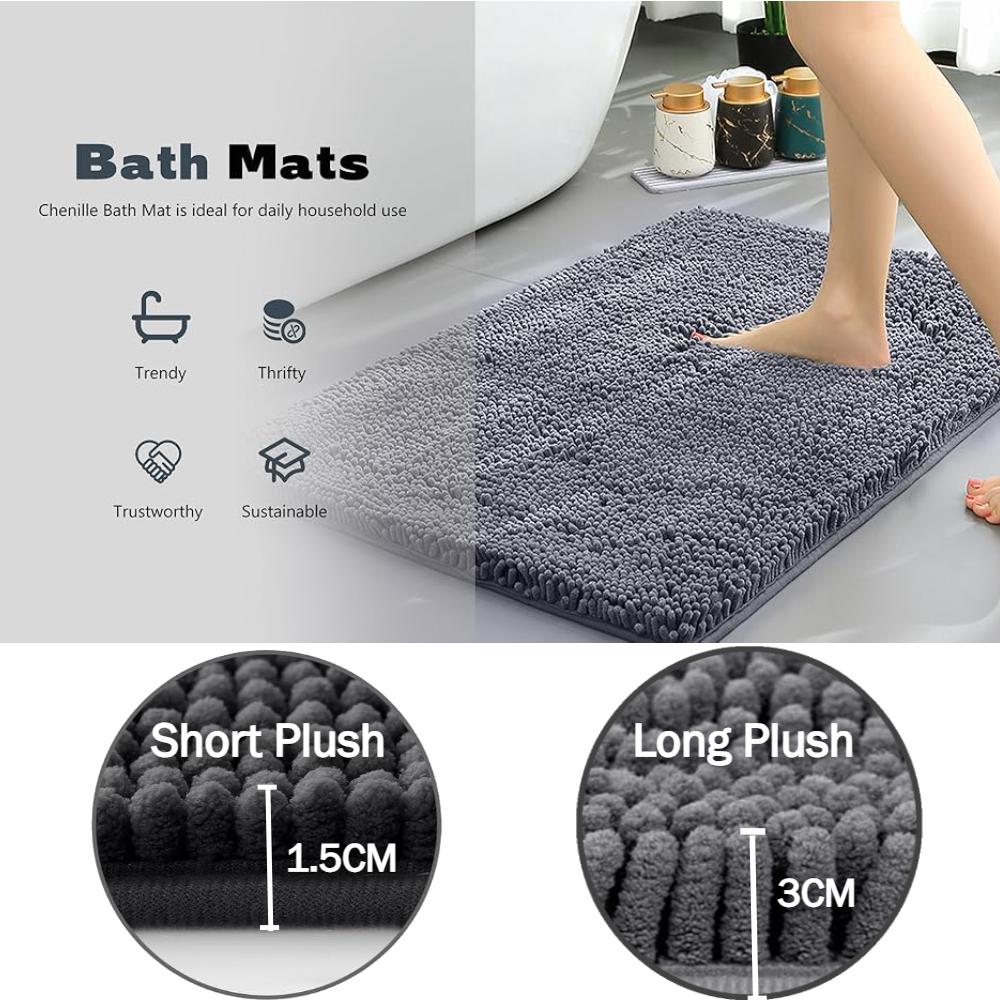 Set of 3 Bathroom Rug Bath Mats for Bathroom Floor Super Thick Soft Shaggy Chenille Bath Mats Dry Fast Water Absorbent Bath Mats