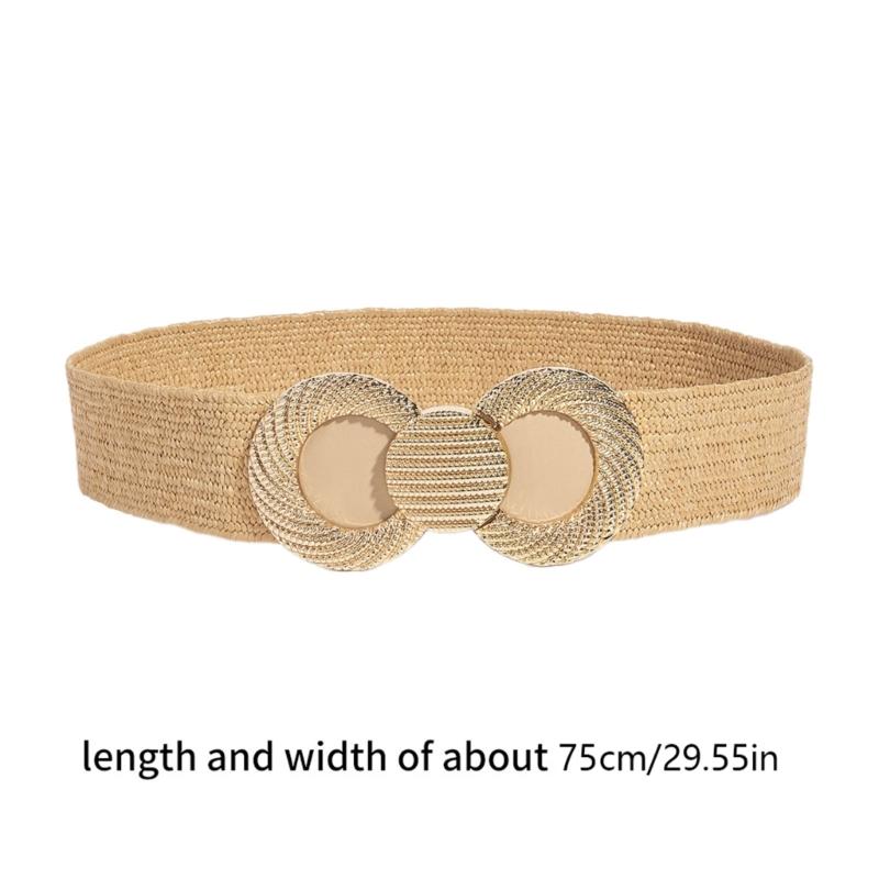 Straw Weaving Women Waist Belt with Gold Buckle Bohemian Hand Weaving Belt