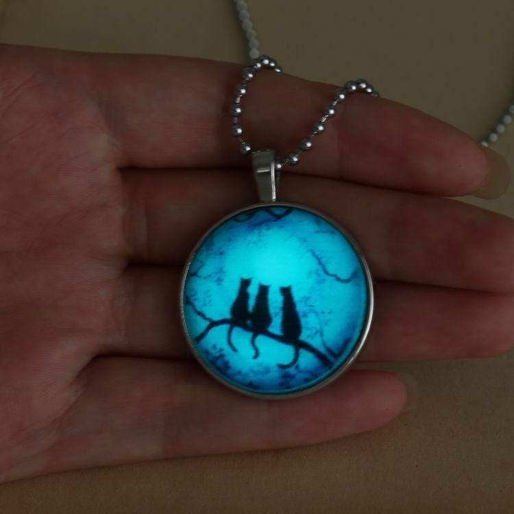 Collier avec pendentif chat civette phosphorescent, chaîne de perles noires, long collier pour femme et homme, cadeau