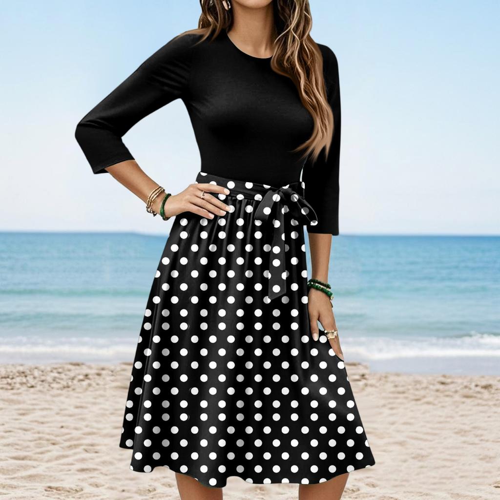 Women's Fashion Casual Waistband Seven Sleeve Round Neck Floral Flowy Dresses
