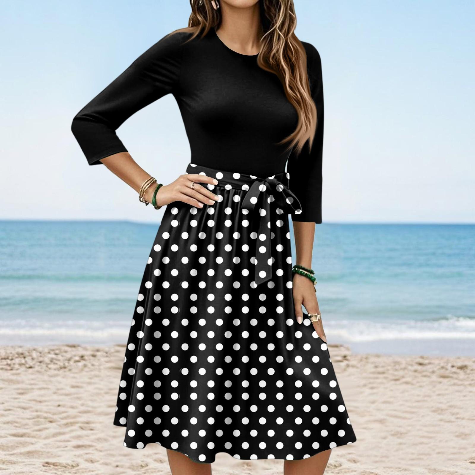 Women s Fashion Casual Waistband Seven Sleeve Round Neck Floral Flowy Dresses L