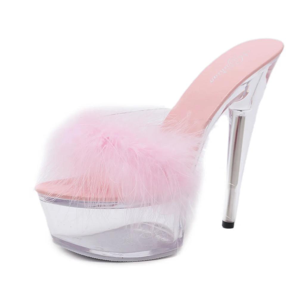 2025 Hairy Sexy Super High Heel Shoes 15CM Thin Heel Platform Slippers Transparent Crystal Shoes Wedding Shoes Women's Slippers