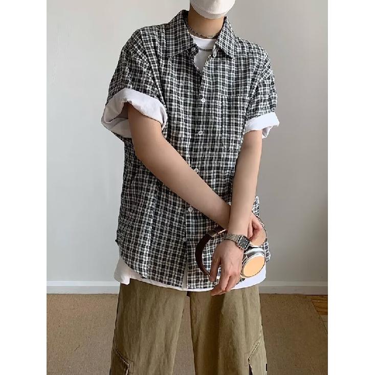 Letní Nová Kostkovaná Košile Pánský Styl Retro Americká Košile s Krátkým Rukávem Japonská Košilová Bunda