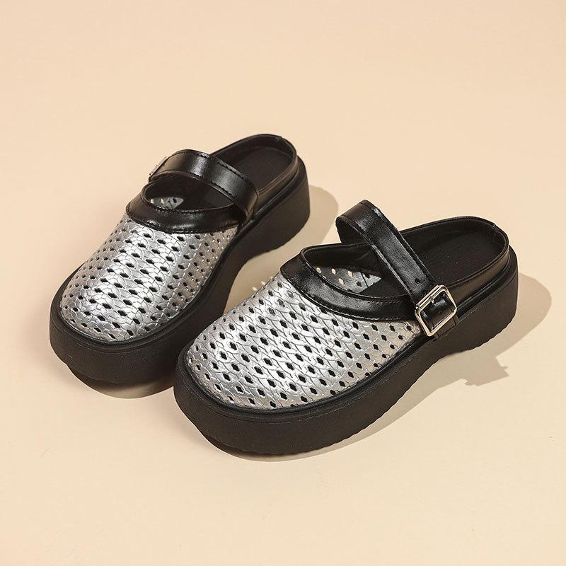 

Баотоу полутапочки женские сетчатые 2025 весна новые маффин толстая подошва мода уличные полые дышащие прохладные тапочки 40 серебряный