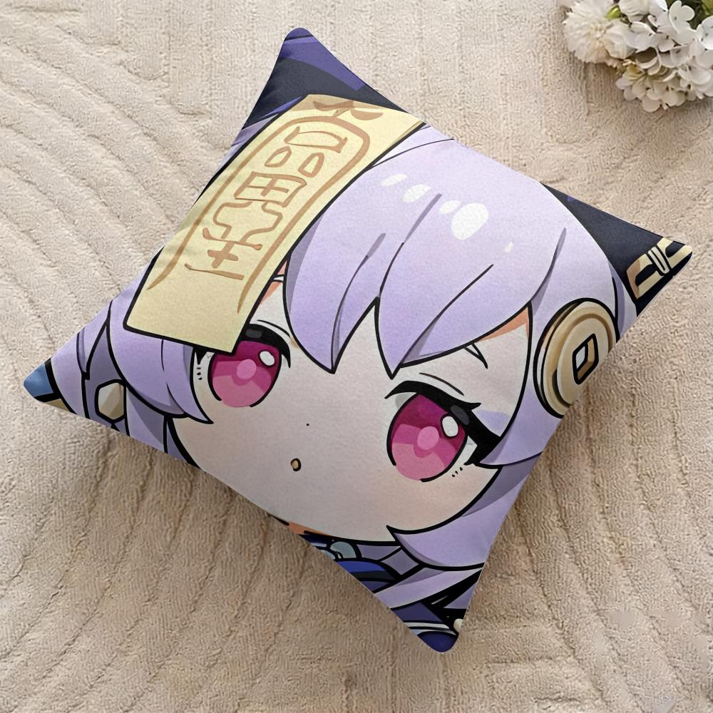 Qiqi Cute Genshin Impact Cushion Cover Silky Short Plush Invisible Zipper Dustproof Sofa Pillow Case For Home Decor