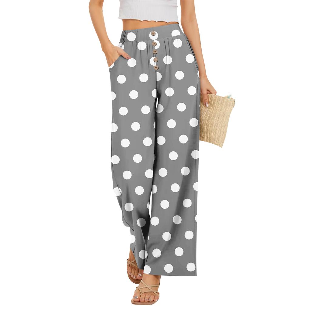 Womens High Waisted Wide Leg Pants Drawstring Palazzo Trousers with Pockets Dot Print Casual Lounge Pant