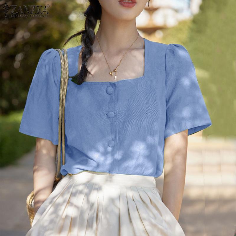ZANZEA Women Casual Square Collar Summer Short Sleeve Blouse