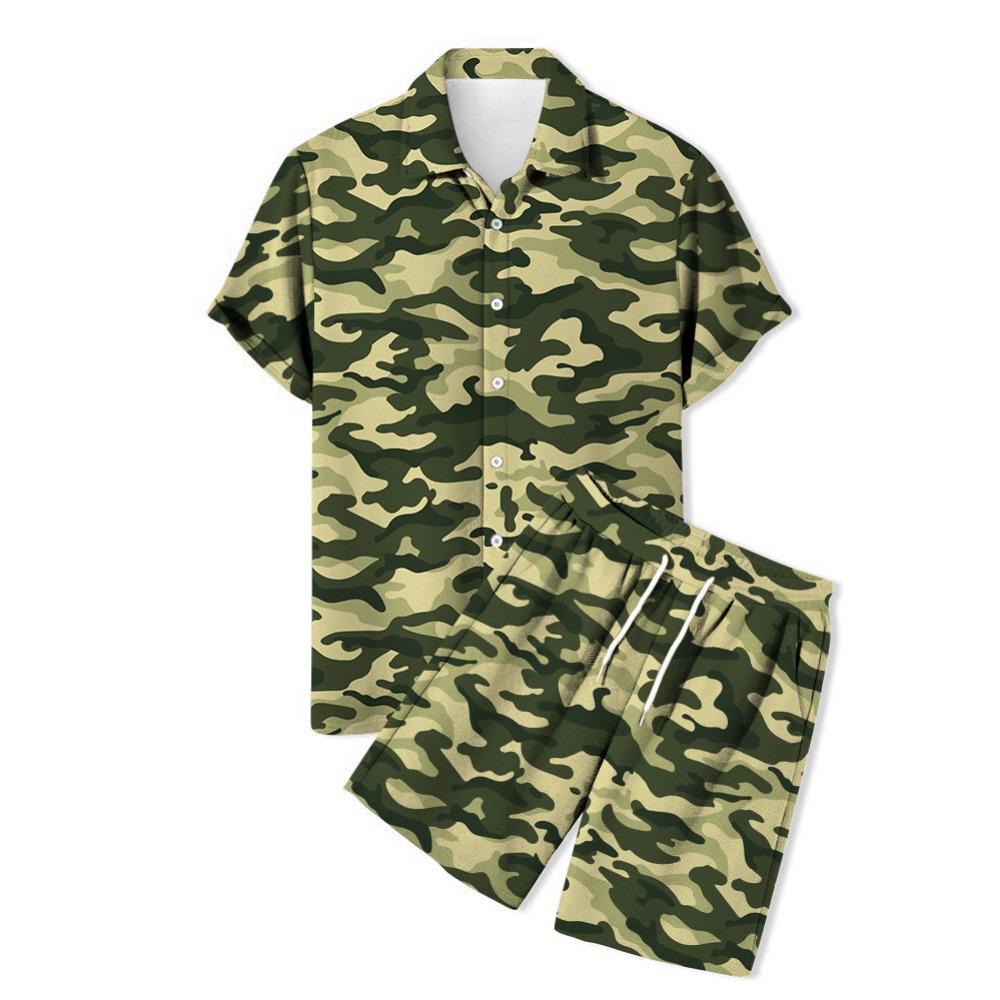 New Men's Camouflage Short Sleeved Shirt with Collar and Shorts 3D Leopard Print Hawaiian Beach Style
