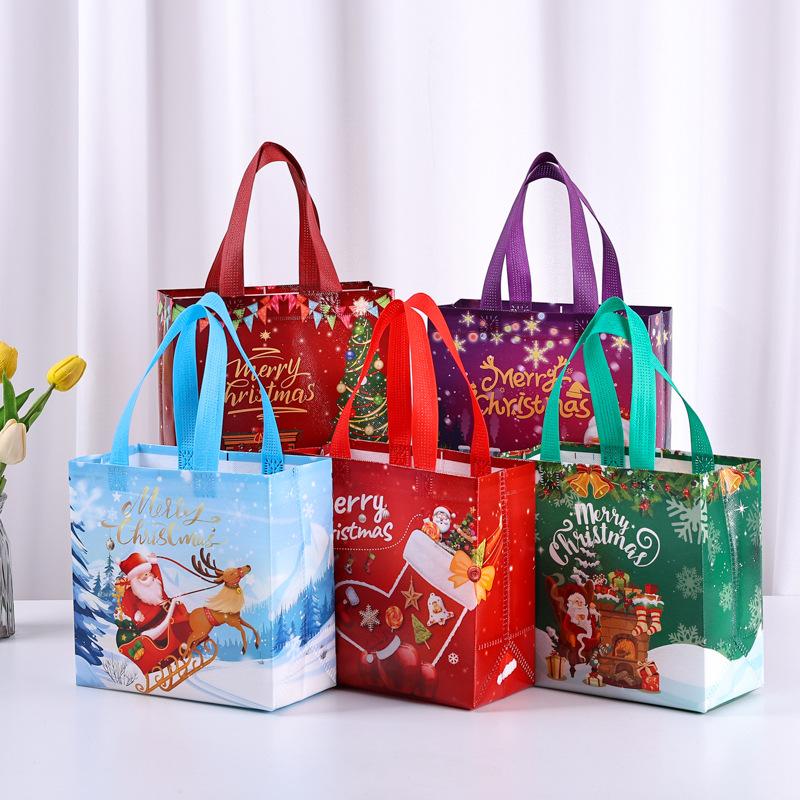 

5/10 шт. Рождественские подарочные пакеты, маленькие многоразовые нетканые рождественские сумки-тоут с ручками, идеально подходят для упаковки подарков/вечеринок 22x23x11cm