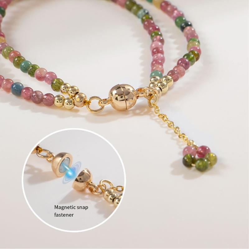 Double Layer Rainbow Natural Tourmaline Thin Copper Bracelet with 3mm Multicolor Beads 17cm Elegant Design for Women