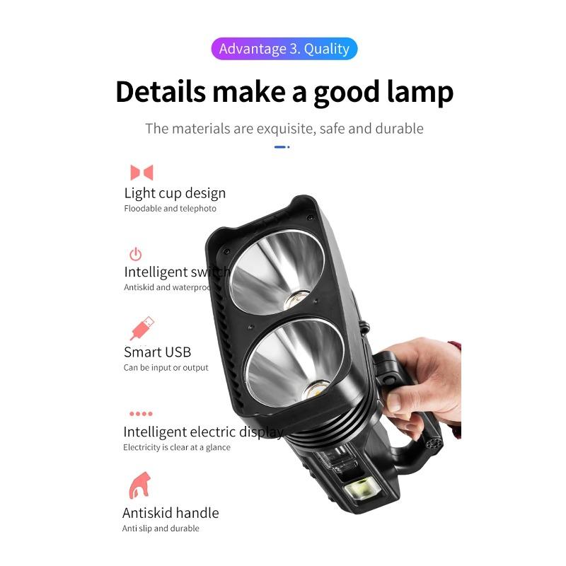 2*XHP50 Super Bright LED Camping Spotlight Fishing Flashlights with Side Light Waterproof Floodlight USB Rechargeable Flashlight