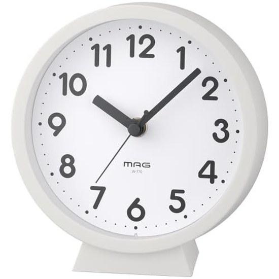 MAG Small Compact Wall Clock Table Stand Analog Cute Stylish Interior Woody Wood Grain Silent Continuous Second Hand Diameter 15.0 cm White Comport