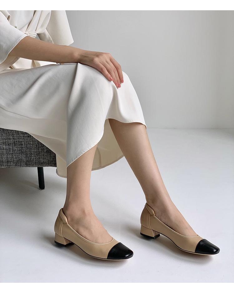 Luxuriöse Handgefertigte Damen-Flats aus Echtem Lammleder - Farbblock-Design mit Quadratischer Spitze und Mittlerem Klobigen Absatz