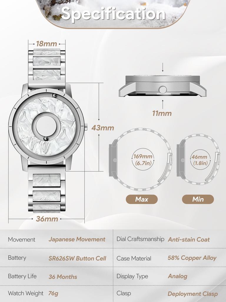 EUTOUR Magnetic Watch with Camouflage and Casual Quartz Magnetic Ball 3 ATM Water 36mm and Silver Resin Strap Women's Dial, Stylish, Elegant, Simple,