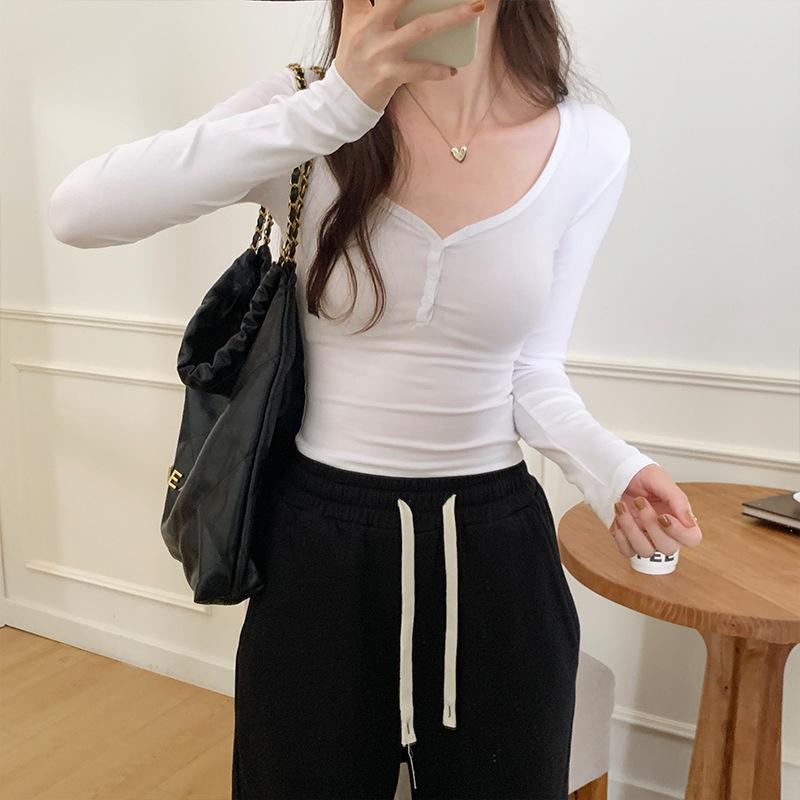 Sexy Hot Girl Right Shoulder Low Collar Long Sleeve T-Shirt Women's Autumn New Elastic Slim Navel Navel Bottoming Top
