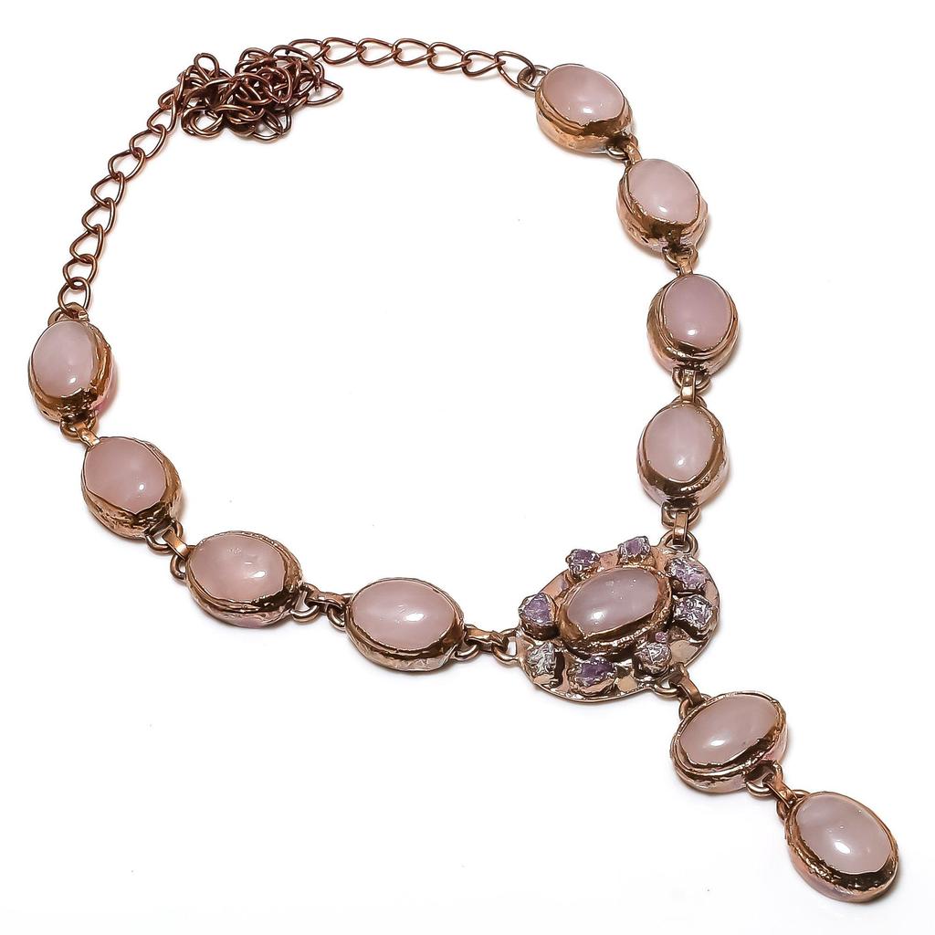 Rose Quartz Necklace, Copper Electroformed Jewelry, Gemstone Necklace, Gift For Her Handmade Dainty Jewelry