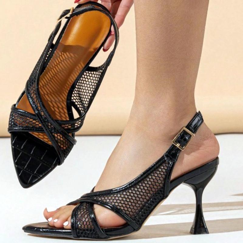 Fashion Mesh Pointed Toe Thin High Heel Women Sandals Fashion Patent Leather buckle strap Large Size Women Shoes Sexy Banquet Party Shoe