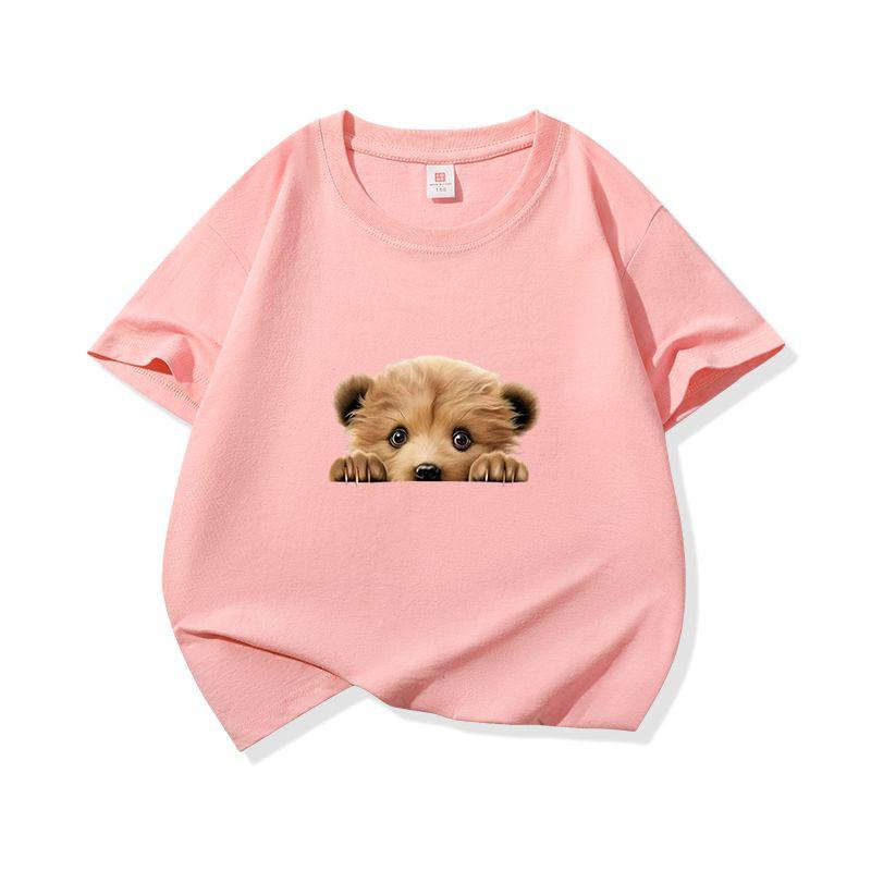 Kids Cotton T Shirt Cute Peeking Bear Cub Print Crew Neck Short Sleeve Tee Casual Breathable Boys Girls Summer Tops