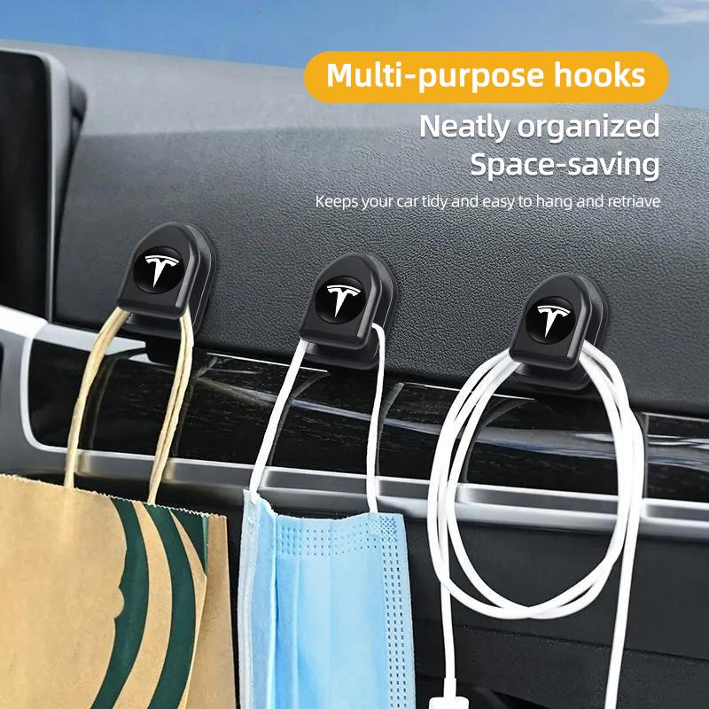 AMD1 2Pcs Mini Car Hooks Storage Clip Holder Auto Sticker For Tesla Model Y 2025 Model 3 Model S Model X Cybertruck Roadster SpaceX