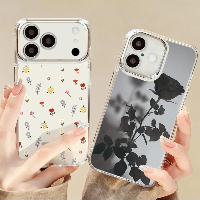 Black Rose Floral Pattern Case For iPhone 17 Pro Max Plating Lens Frame Clear Soft Cover For iPhone 16 15 14 13 Pro Max 11 16E 17E